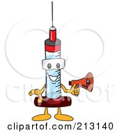 Medical Syringe Mascot Character Holding A Megaphone