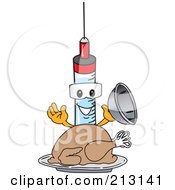 Poster, Art Print Of Medical Syringe Mascot Character Serving A Thanksgiving Turkey