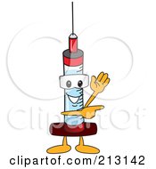Medical Syringe Mascot Character Waving And Pointing