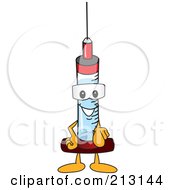Medical Syringe Mascot Character Pointing Outwards