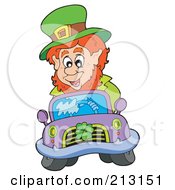 Poster, Art Print Of Happy Leprechaun Driving A Purple Car With A Shamrock On The Grill