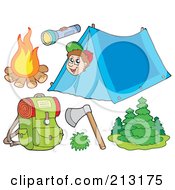Poster, Art Print Of Digital Collage Of A Camping Boy And Camping Items