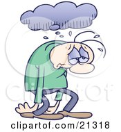 Sad And Depressed Gloomy Man Sulking And Walking Under A Rain Cloud