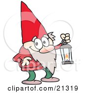 Poster, Art Print Of Cute Little Gnome Man In A Red Hat Carrying A Lantern