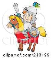 Poster, Art Print Of Happy Knight On A Horse Holding Shield And Sword