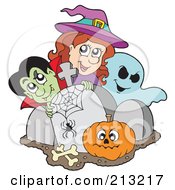 Halloween Vampire Witch And Ghost With A Pumpkin By Tombstones