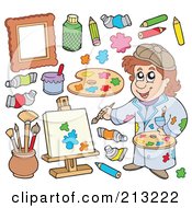 Royalty Free RF Clipart Illustration Of A Digital Collage Of An Artist And Supplies