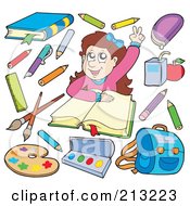 Royalty Free RF Clipart Illustration Of A Digital Collage Of A School Girl Raising Her Hand And School Items