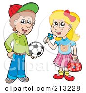 Poster, Art Print Of Digital Collage Of A Soccer Boy And Little Girl With A Flower
