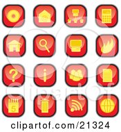 Collection Of Red And Yellow Square Computer Icon Buttons Of Discs Email Information Trash And Garbage