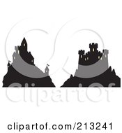 Royalty Free RF Clipart Illustration Of A Digital Collage Of Two Silhouetted Castles On Hills