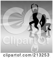 Royalty Free RF Clipart Illustration Of Two Female Silhouetted Women Dancing On A Reflective Gray Ray Background