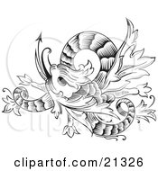 Clipart Illustration Of A Black And White Twisting Chinese Dragon Tattoo Design