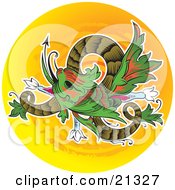 Green And Red Chinese Dragon Twisting Over An Orange Circle Background