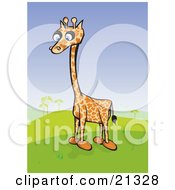 Poster, Art Print Of Lonely Little Giraffe With Short Legs Standing In A Hilly Green Landscape