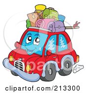 Poster, Art Print Of Happy Red Car With Luggage On Top