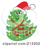Royalty Free RF Clipart Illustration Of A Happy Christmas Tree Wearing A Santa Hat by visekart