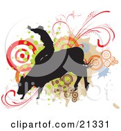 Poster, Art Print Of Silhouetted Cowboy Holding Onto The Back Of A Bucking Rodeo Bull Over A Target And Scroll Background
