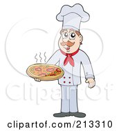 Royalty Free RF Clipart Illustration Of A Male Chef Holding A Supreme Pizza
