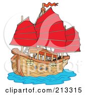Royalty Free RF Clipart Illustration Of A Chinese Ship With Red Sails