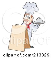 Royalty Free RF Clipart Illustration Of A Male Chef Serving A Platter And Standing By A Blank Sign