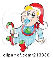 Christmas Baby Wearing A Santa Hat And Christmas Bib And Holding A Candy Cane