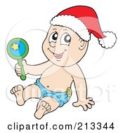Poster, Art Print Of Christmas Baby Wearing A Santa Hat And Holding A Rattle