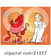 Clipart Illustration Of A Red Devil Carrying A Pitchfork And Standing Back To Back With An Angel With A Halo by Paulo Resende #COLLC21337-0047