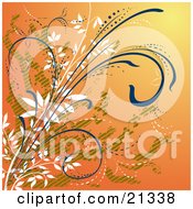 Poster, Art Print Of Orange Background With White Green And Blue Curling Plants