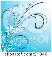 Poster, Art Print Of Blue Background With White And Blue Curling Plants