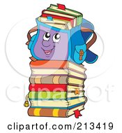 Royalty Free RF Clipart Illustration Of A Backpack On Top Of A Stack Of Colorful Text Books