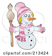 Poster, Art Print Of Wintry Snowwoman In A Pink Hat