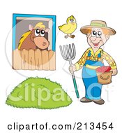 Royalty Free RF Clipart Illustration Of A Digital Collage Of A Farmer With Animals And Grass by visekart