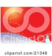 Clipart Illustration Of A Snowman Wearing A Santa Hat On A Snowy Hill Near A Chrismas Tree Formed Of Lights by Paulo Resende #COLLC21346-0047