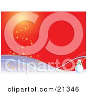 Poster, Art Print Of Snowman Wearing A Santa Hat On A Snowy Hill Near A Chrismas Tree Formed Of Lights