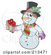 Poster, Art Print Of Wintry Snowman In Holly Hat Holding A Gift