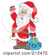 Poster, Art Print Of Cartoon Santa By A Blue Bag