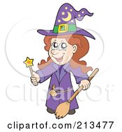 Poster, Art Print Of Cute Halloween Female Wizard In Purple Holding A Wand And Broom