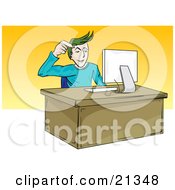 Clipart Illustration Of A Confused Caucasian Guy Trying To Figure Out How To Operate His New Computer