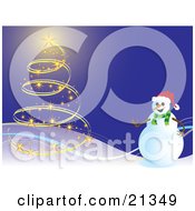 Poster, Art Print Of Happy Snowman Near A Christmas Tree Made Of Lights On A Snowy Hill