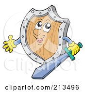 Royalty Free RF Clipart Illustration Of A Happy Wooden Shield Holding A Sword