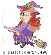 Royalty Free RF Clipart Illustration Of A Cute Halloween Witch In Purple In Flight On Her Broomstick