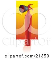 Poster, Art Print Of Red Tall Fire Extinguisher With A Nozzle Resting On A Reflective White Surface