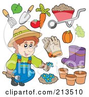 Poster, Art Print Of Digital Collage Of A Gardener With Plants And Tools