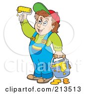 Poster, Art Print Of Happy Painter Using A Paint Roller And Holding A Bucket Of Yellow Paint
