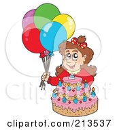 Brunette Birthday Girl With Balloons And A Cake