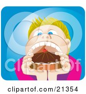 Clipart Illustration Of A Blond Boy Opening His Mouth Wide To Shove In A Whole Cake With Choclate Frosting