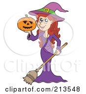 Poster, Art Print Of Cute Halloween Witch In Purple Holding A Jackolantern And Broom