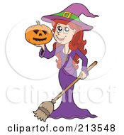 Royalty Free RF Clipart Illustration Of A Cute Halloween Witch In Purple Holding A Jackolantern And Broom