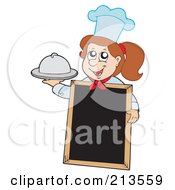 Poster, Art Print Of Brunette Chef Girl Holding A Platter By A Blank Menu Board
